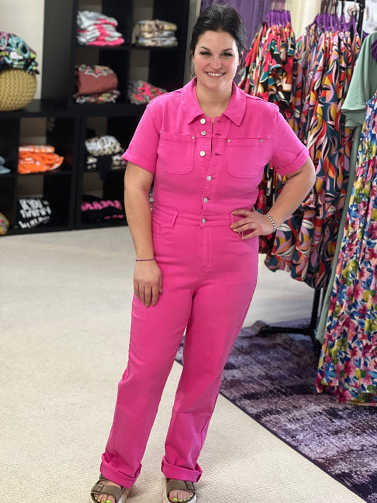 Judy Blue Hot Pink Short Sleeve Jumpsuit