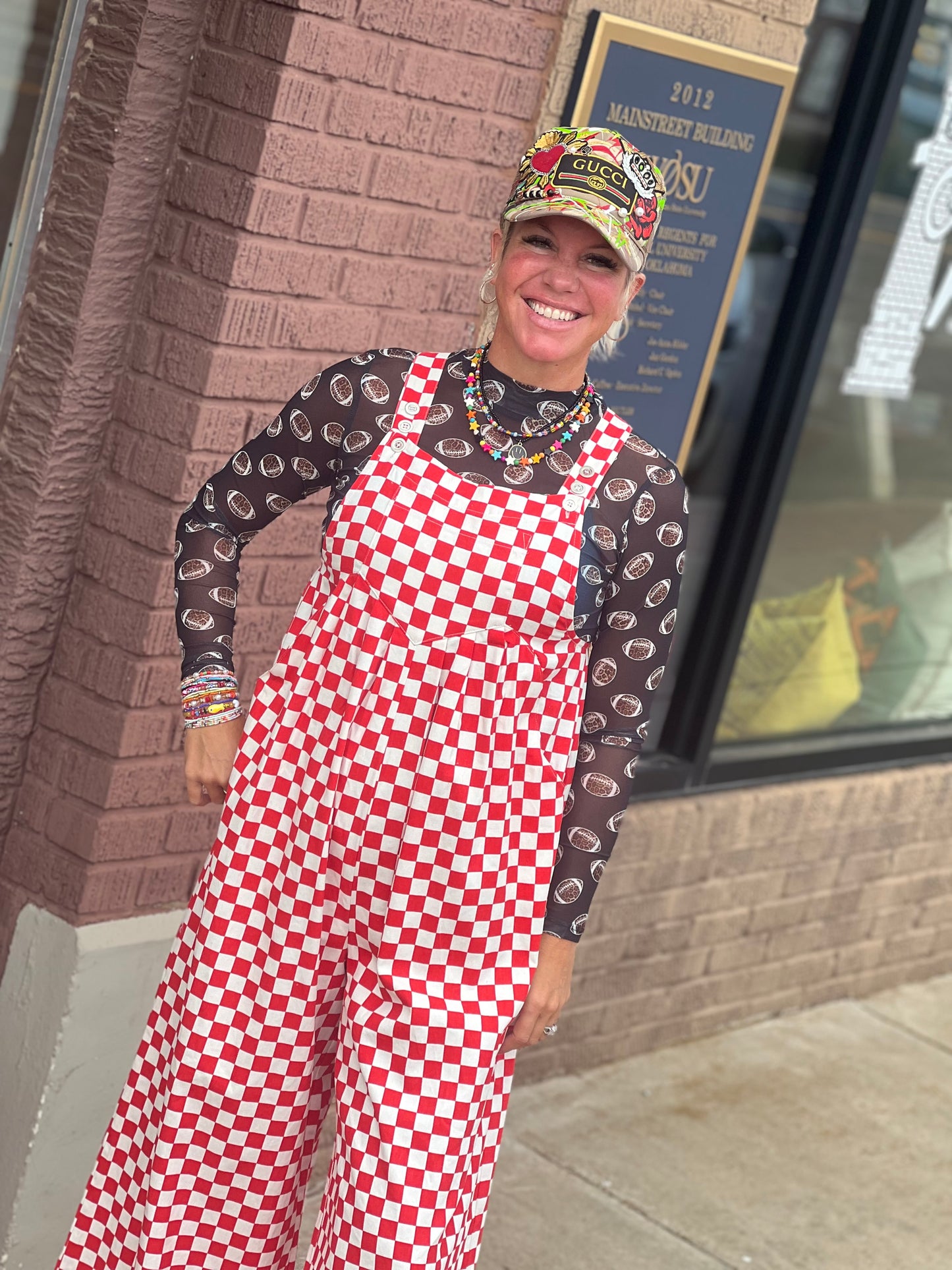 BiBi Gameday Theme Red Checkered Overalls