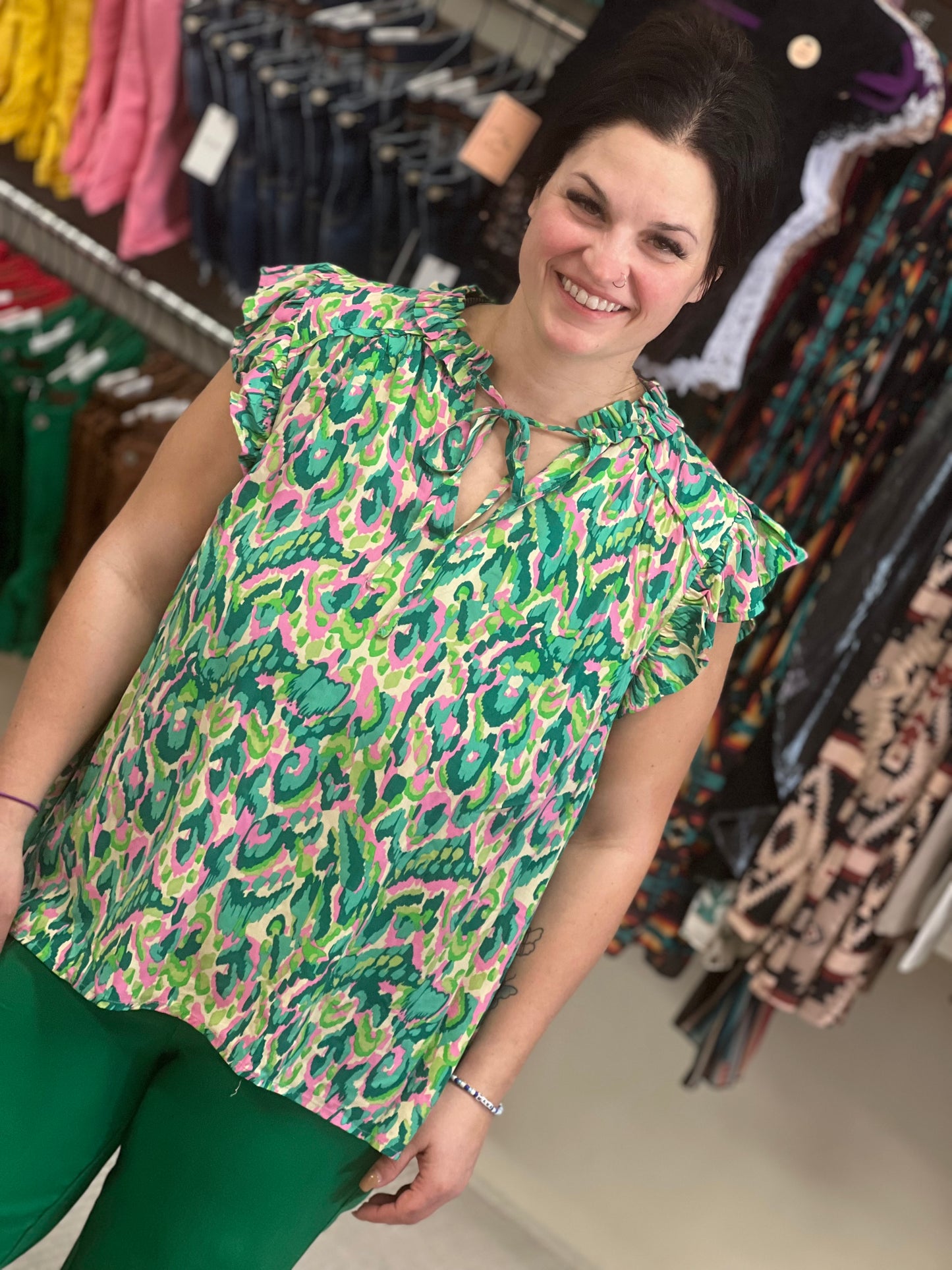 Umgee Pink + Green Camo Tie Neck Top