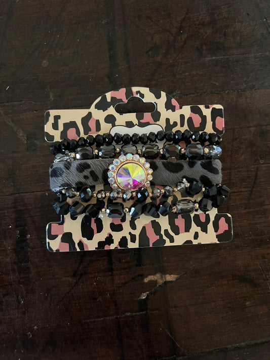 Leopard and Crystal Bracelet Stack- Black
