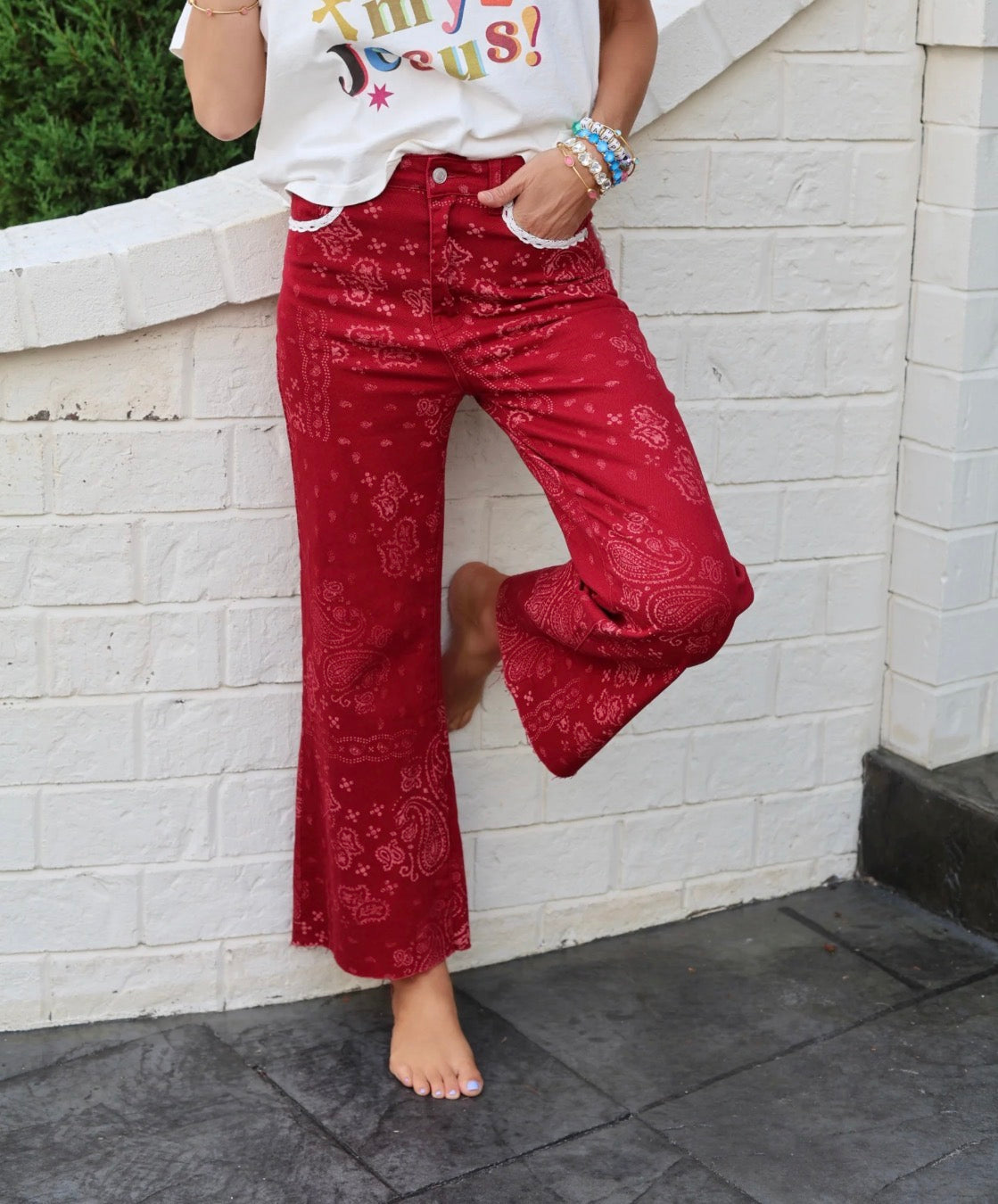 Poppy and Pine Red Bandana Frey Hem Denim
