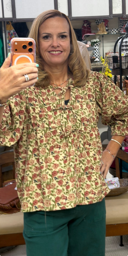 Umgee Cream Floral Tie Detail Top