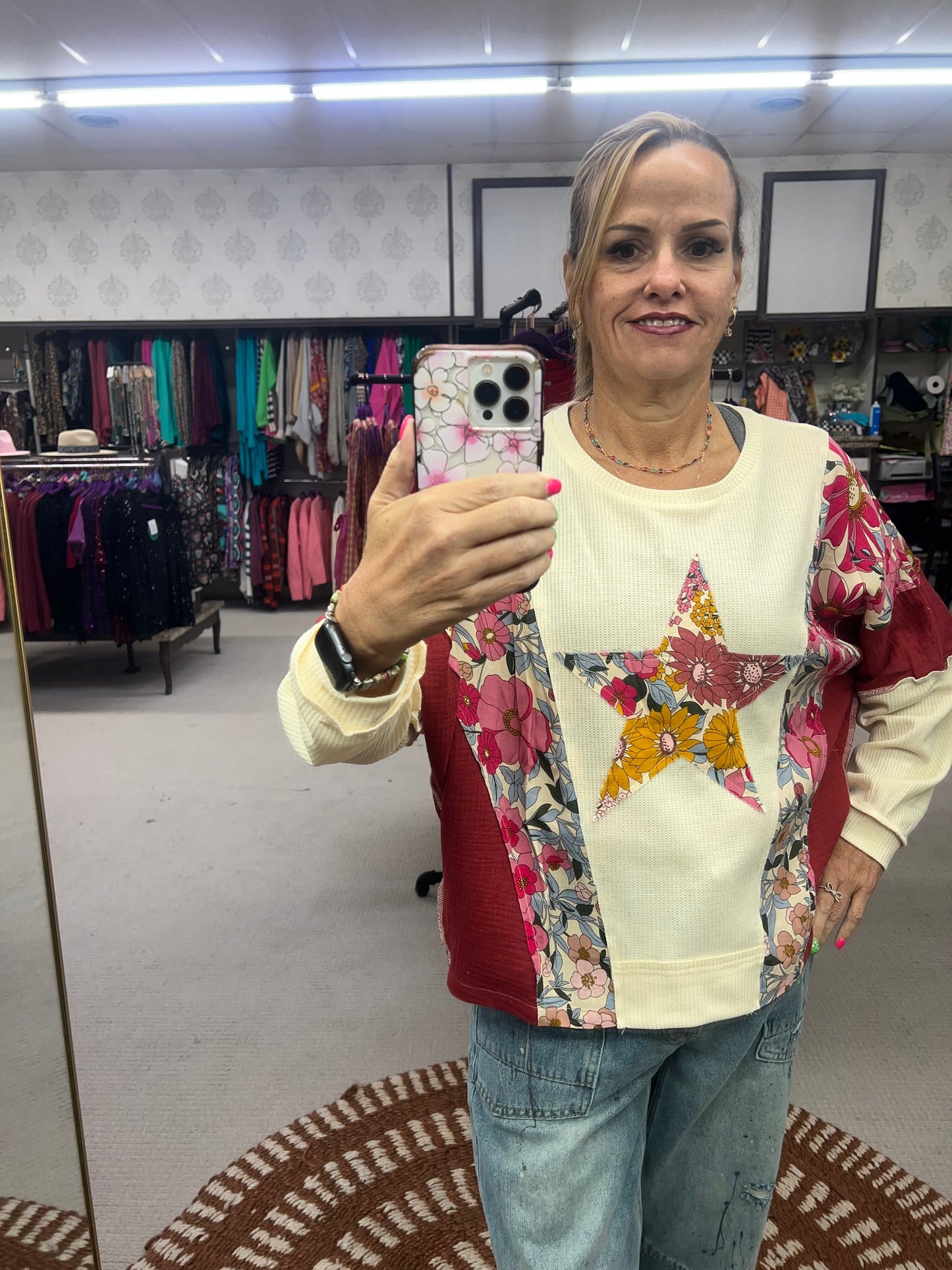 BiBi Knit Floral Print Patch Top