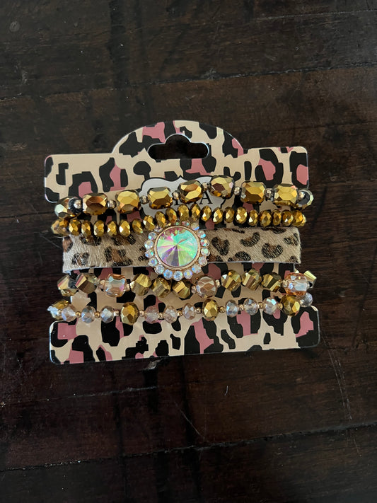 Leopard & Crystal Bracelet Stack- Gold
