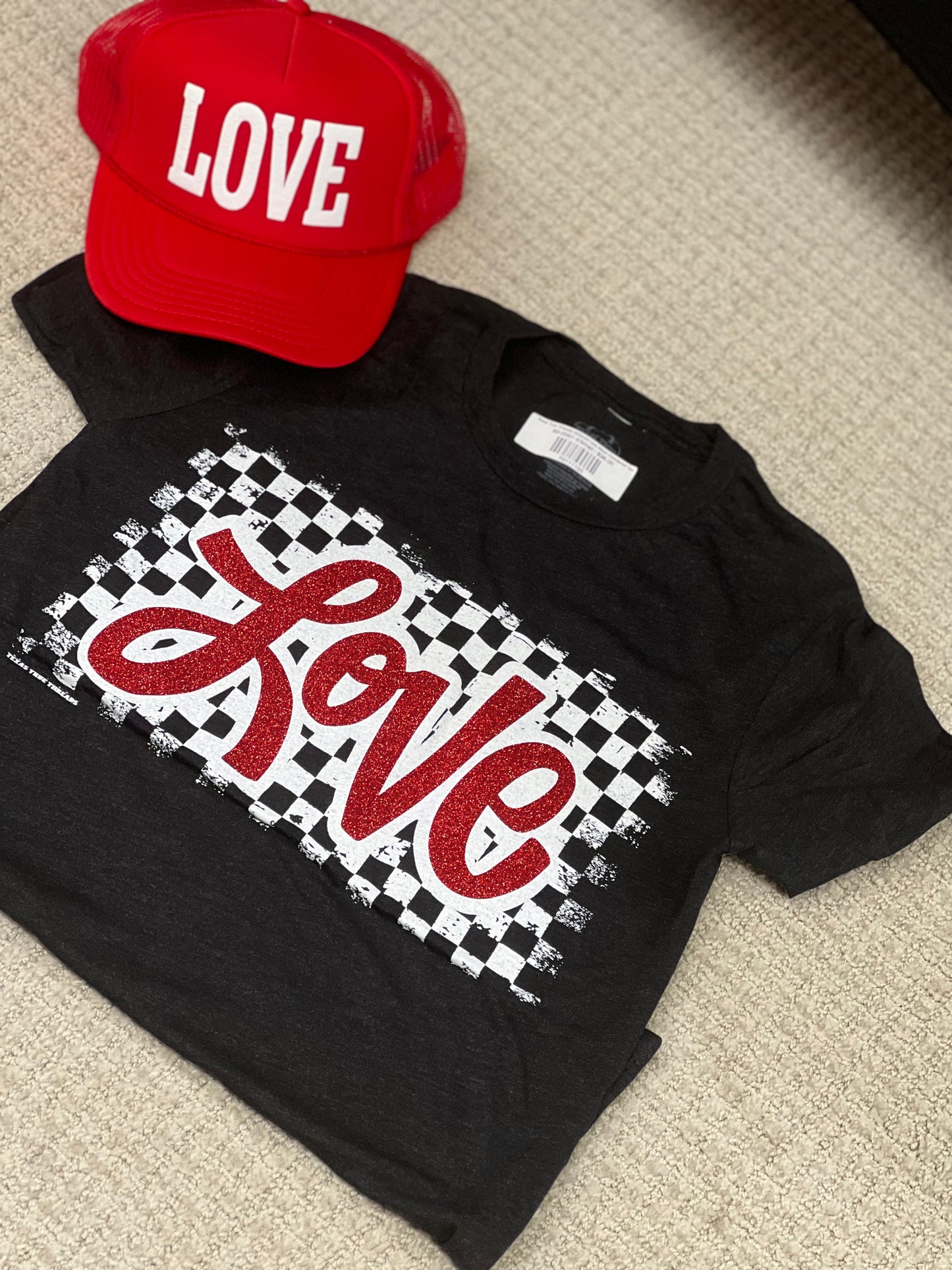 Texas True Threads Glittered Love Black Checkered Tee