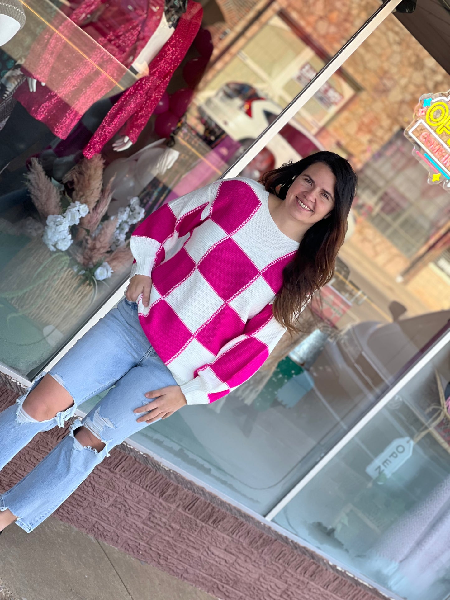 Haptics Round Neck Oversized Pink/White Checkered Sweater
