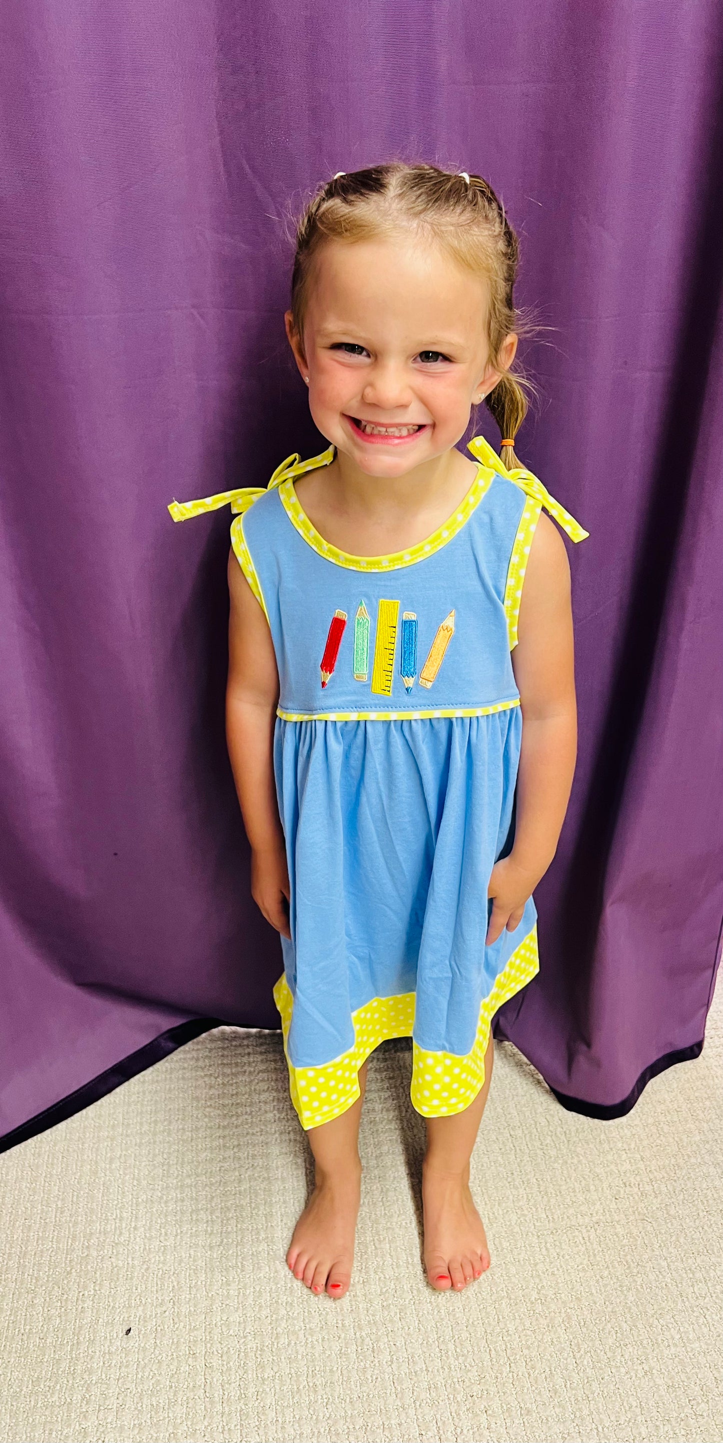 Honeydew Girls Blue Crayon Embroidered Strap Dress