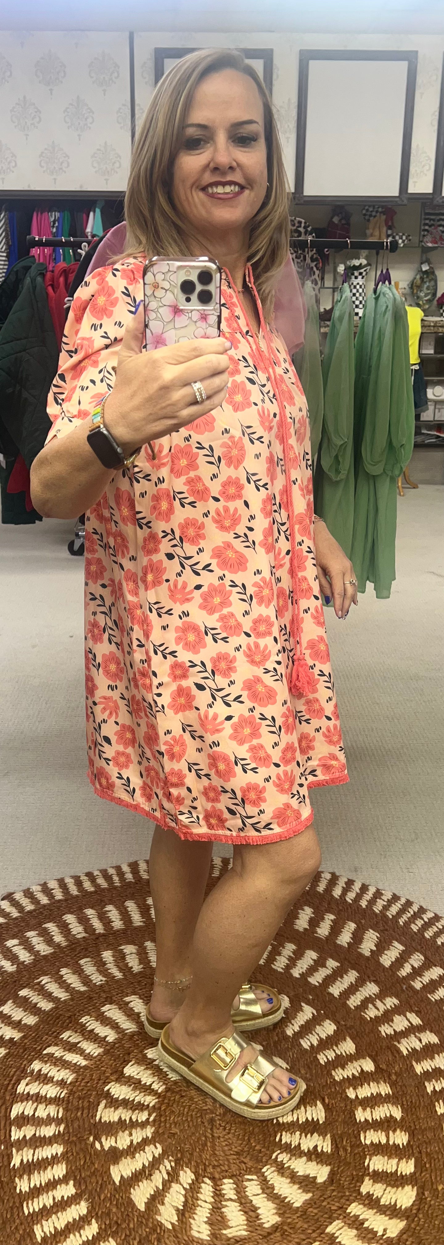 GiGiO Coral Tassel Tie Neck Mini Dress