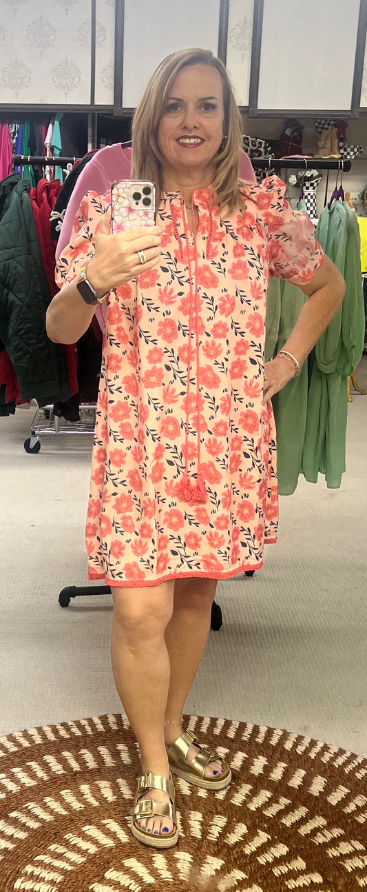 GiGiO Coral Tassel Tie Neck Mini Dress