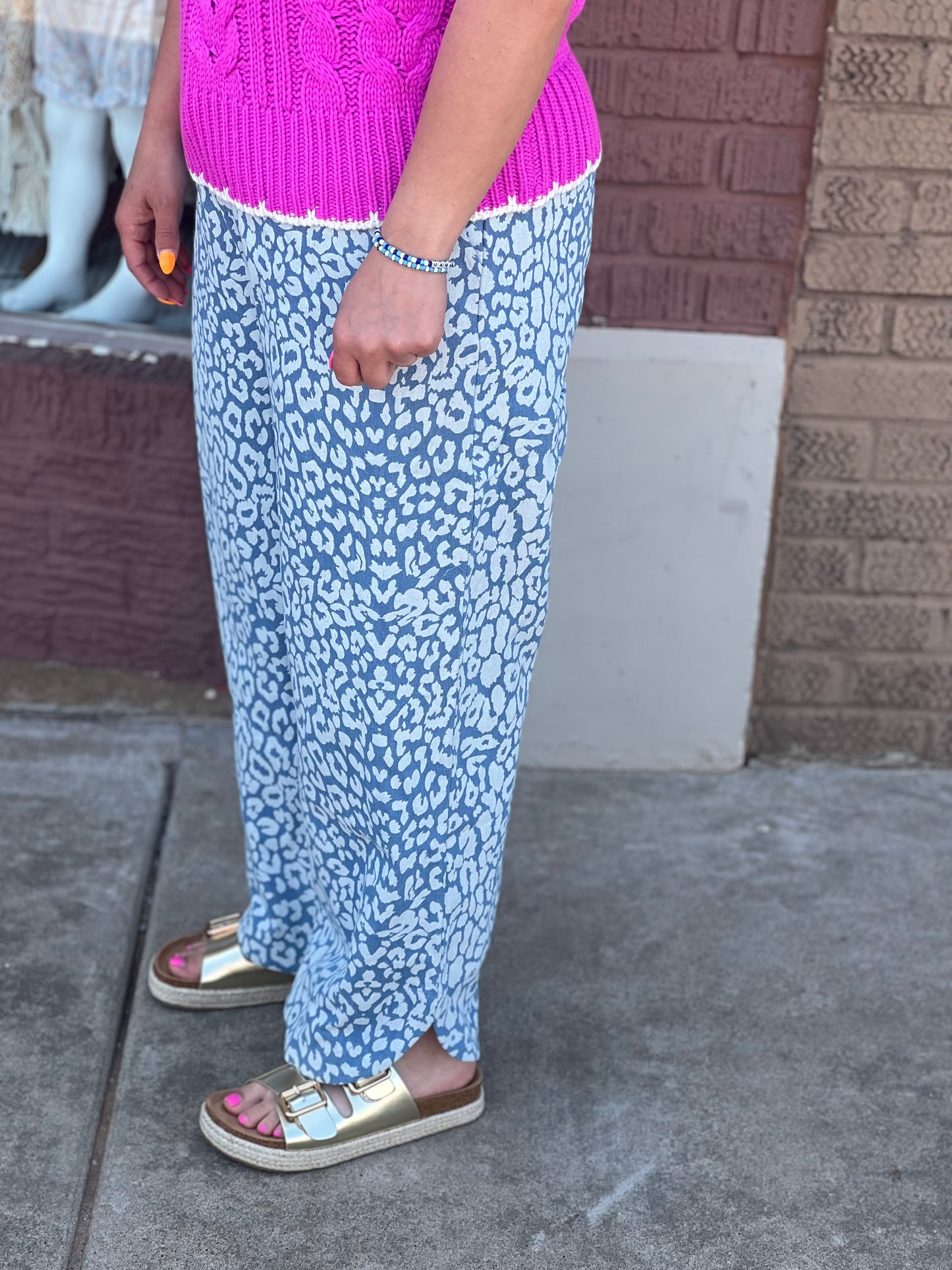 BiBi Washed Leopard Pattern Curved Pants w/Drawstring