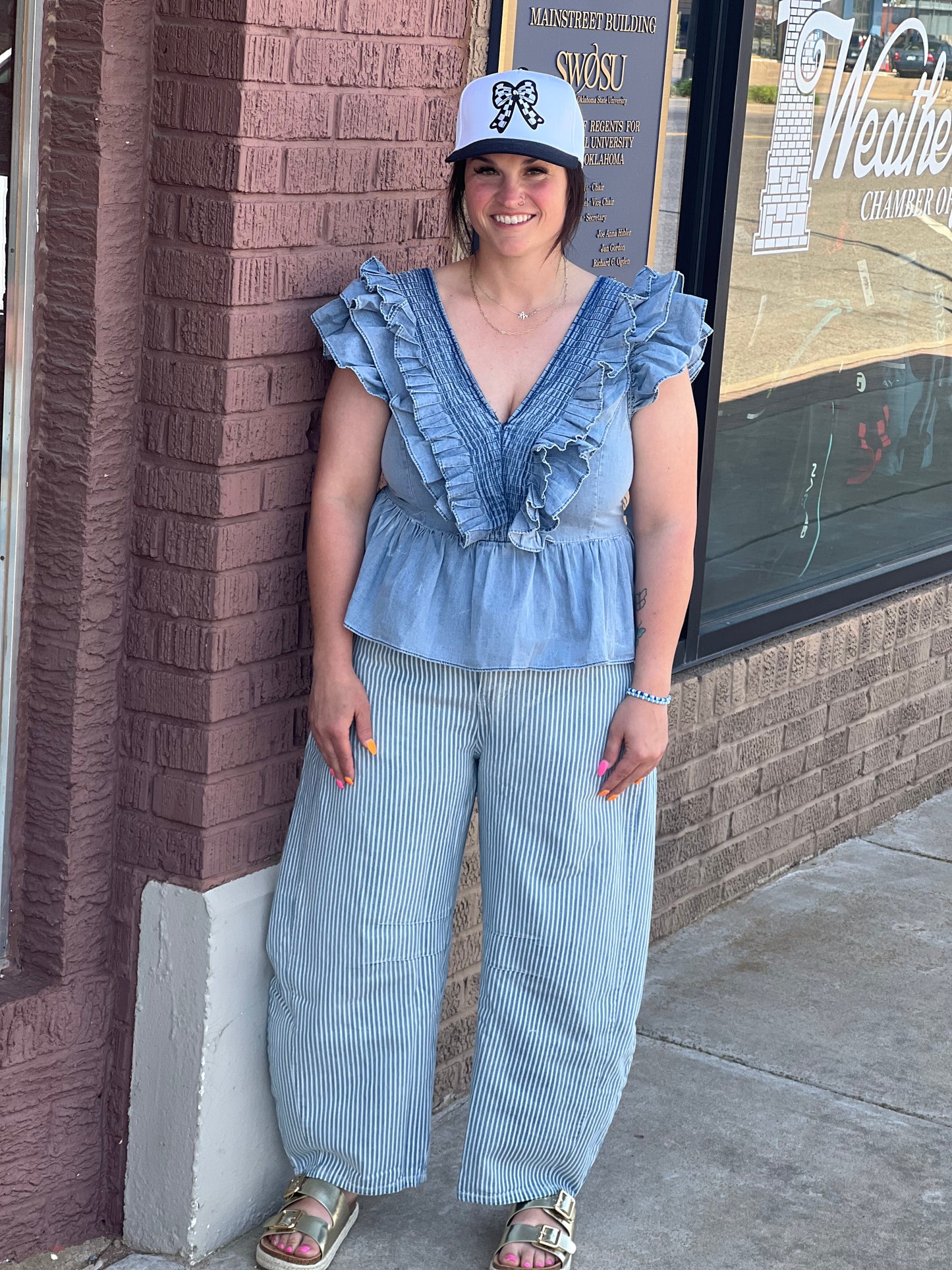 BiBi Smocked V-Neck Ruffle Sleeve Top