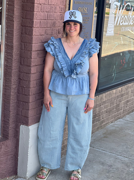 BiBi Smocked V-Neck Ruffle Sleeve Top