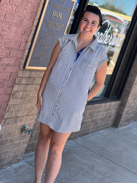 She + Sky Short Sleeve Woven Striped Button Down Dress