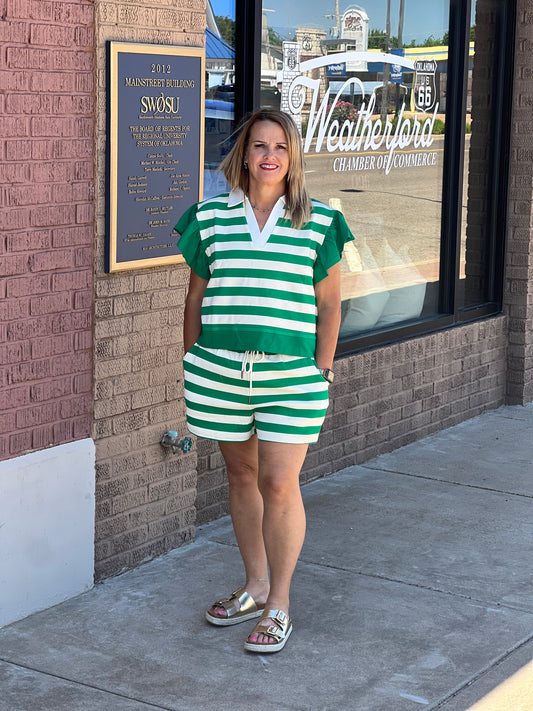 BiBi Jade/Cream Striped Ruffle Short Sleeve Set
