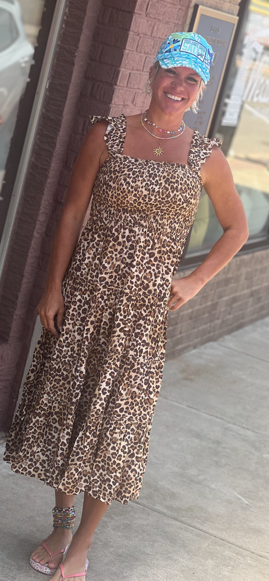 BiBi Leopard Smocked Yoke Dress