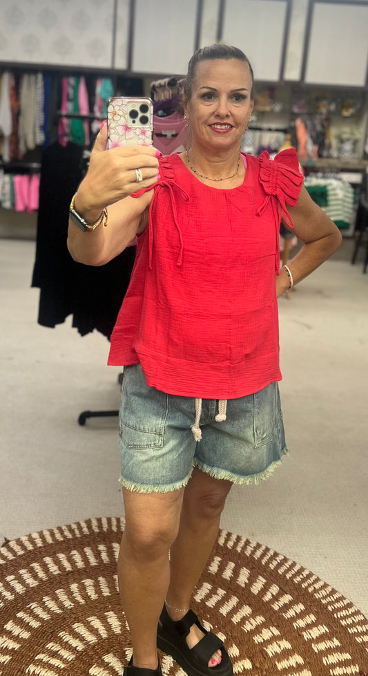 BiBi Solid Gauze Ruffle Bow Tied Top