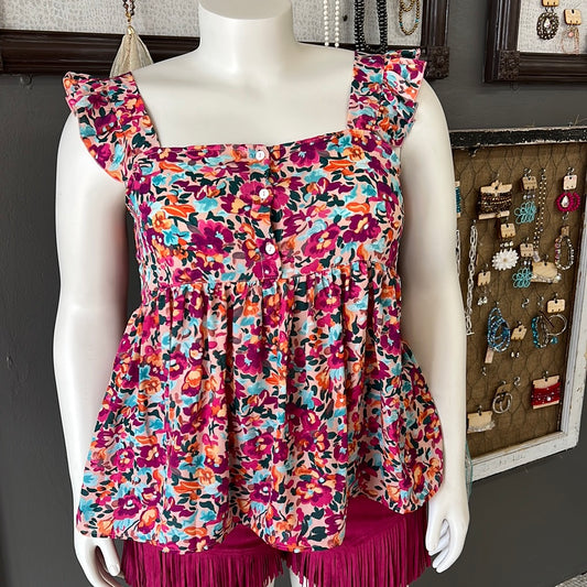 Regular Multicolor Square Neck Floral Tank Top
