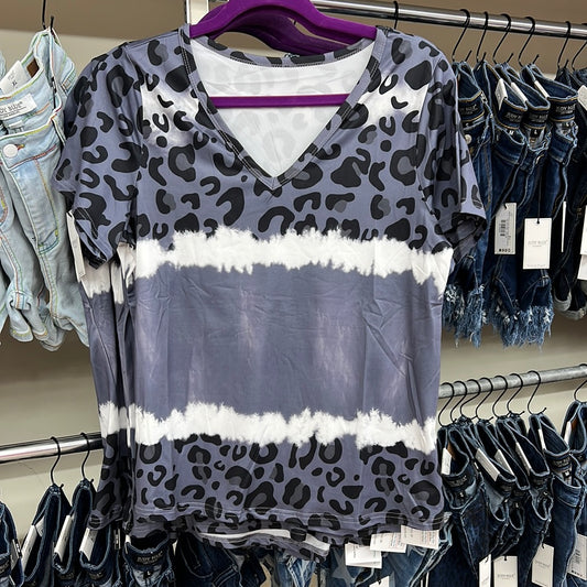 Regular Gray Leopard Tie Dye Color Block Top