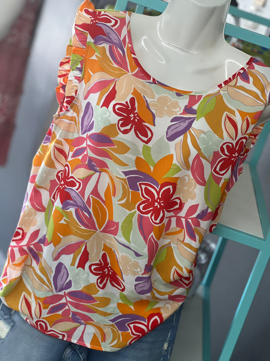Regular Jodifl Red Mix Flowery Tank w/ Ruffle Accent