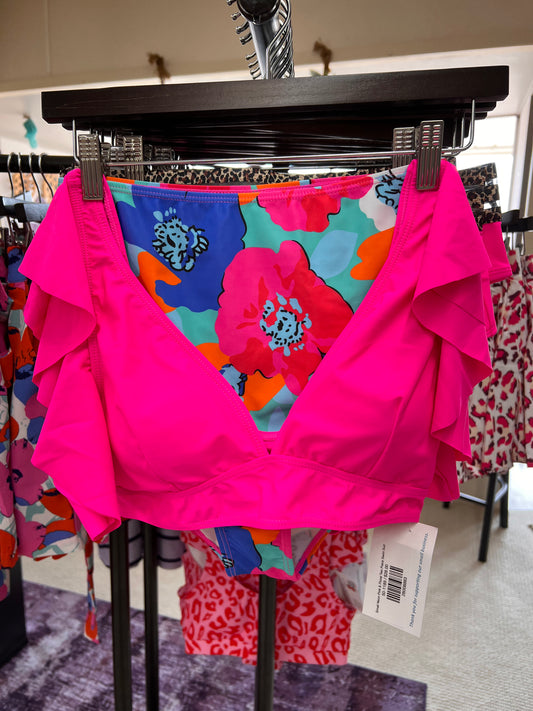 Small Neon Pink & Floral Two Piece Swim Suit