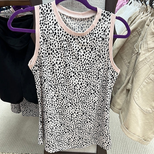 Regular Leopard Trimmed Round Neck Sleeveless Tank Top