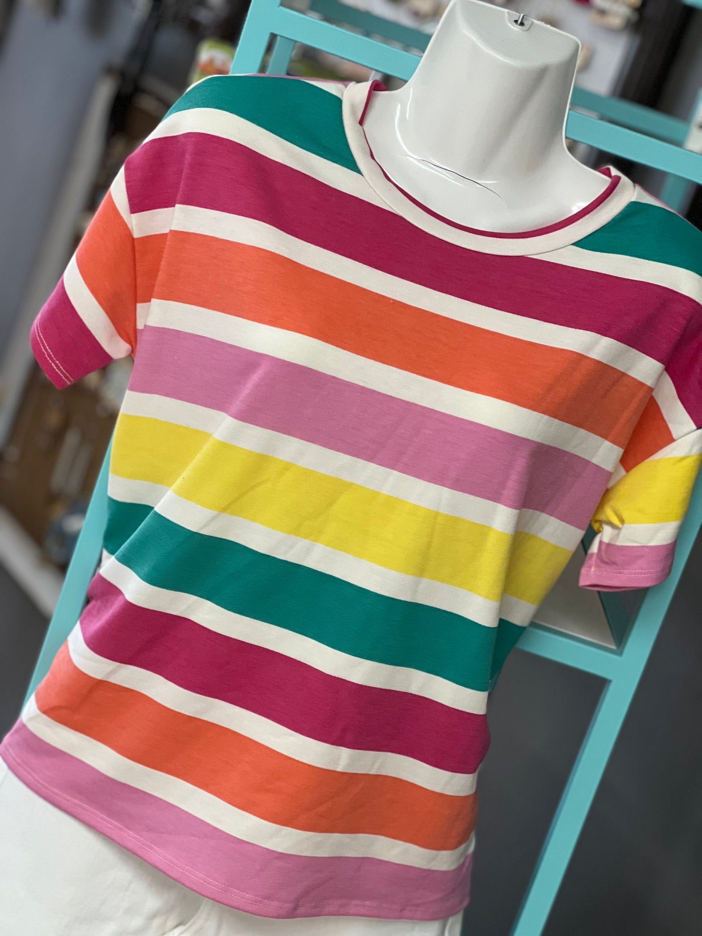 Reg & Curvy Haptics Fuchsia/Yellow/Teal Striped Oversized Top