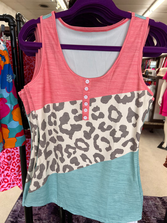 Regular Mint Color Leopard Color Block Tank