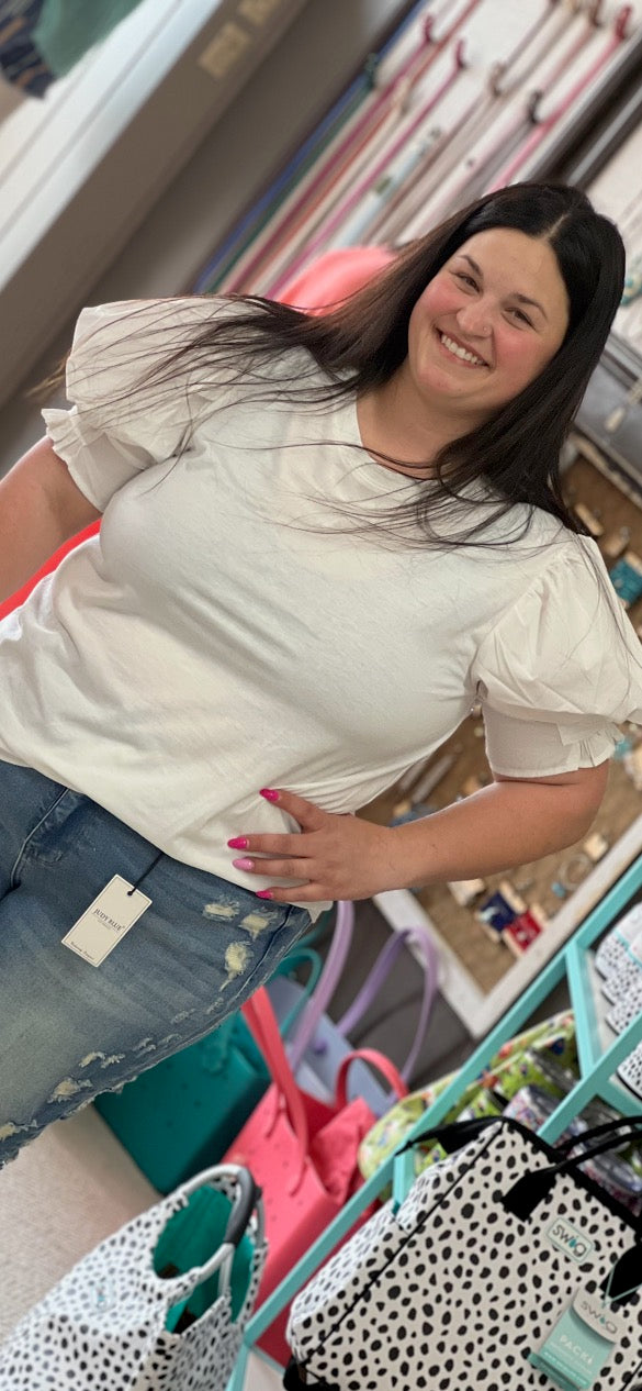 Curvy Oddi Solid Knit Blouse w/ Woven Puff Sleeves