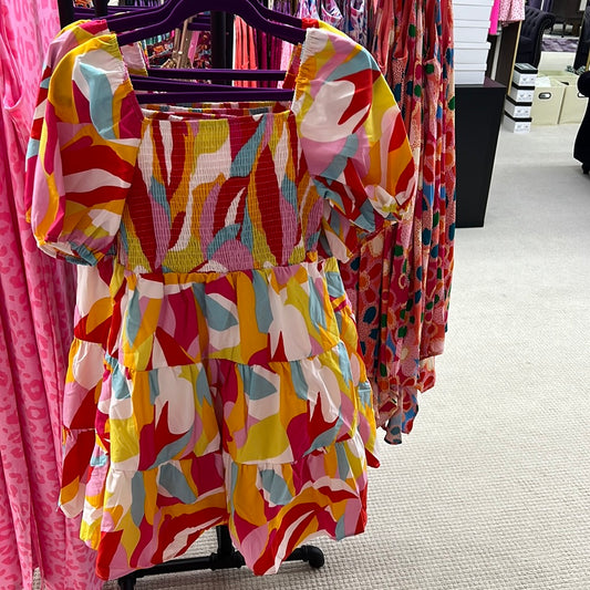 Regular Multicolor Geometric Smocked Babydoll Mini Dress