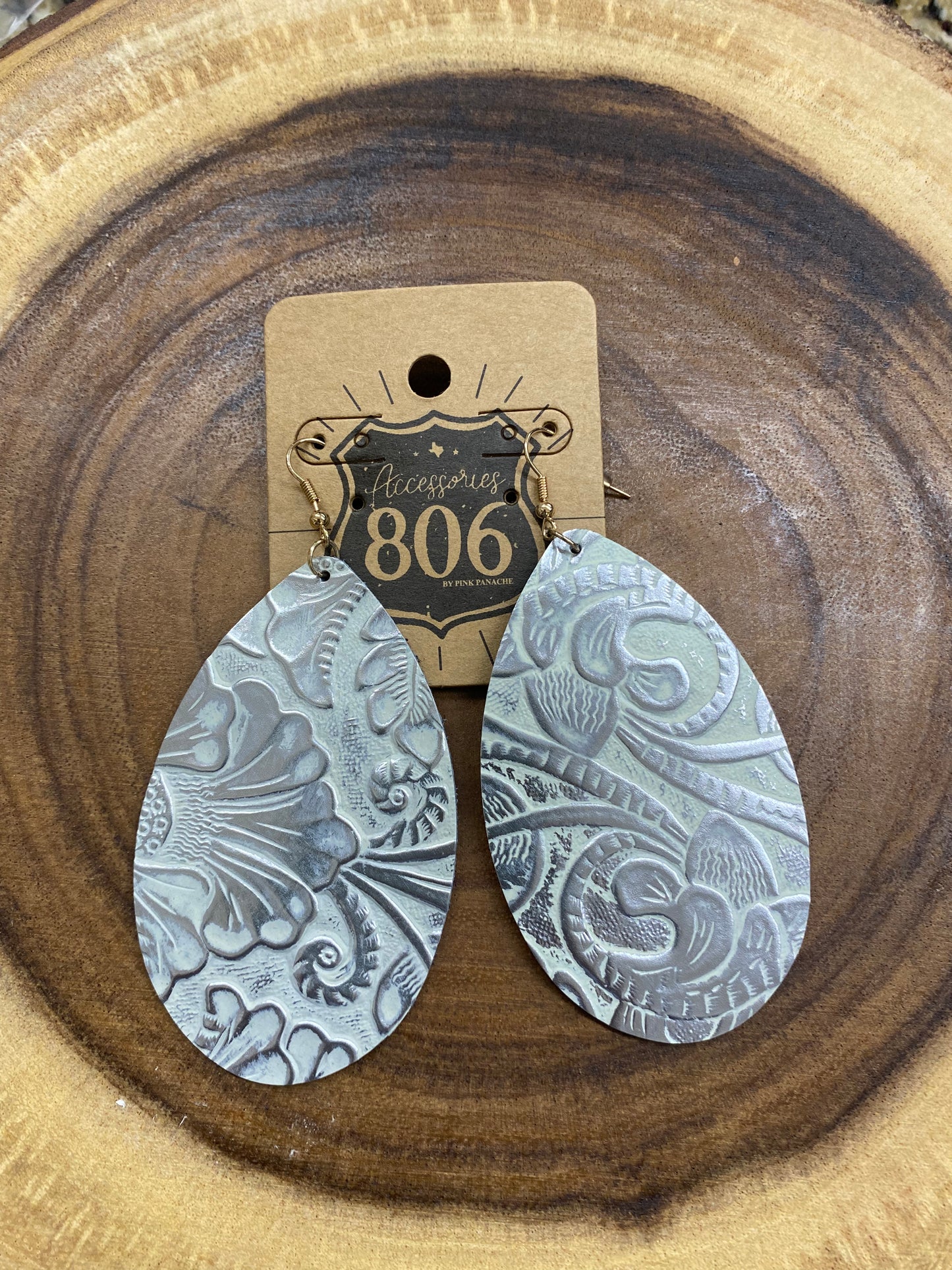 806 Genuine Leather Tooled Tear Drop Earring