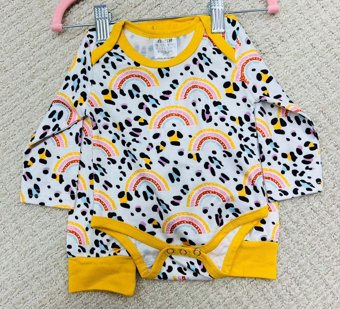 Girls Rainbow Printed Baby Onesie w/ Pants & Beanie