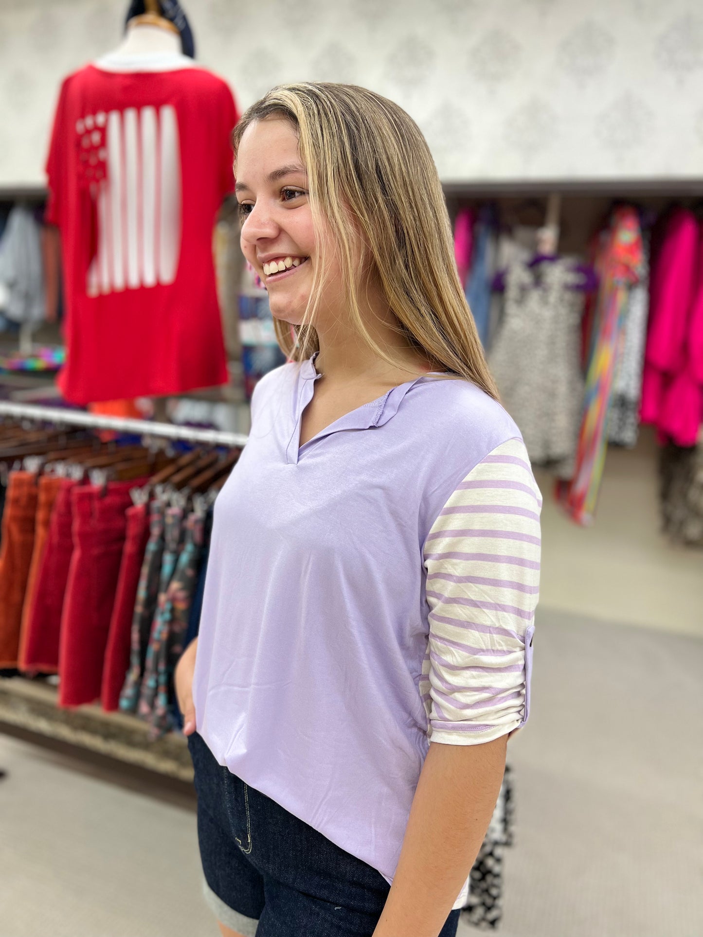 Lilac Stripe & Solid Mixed Split Half Sleeve Top