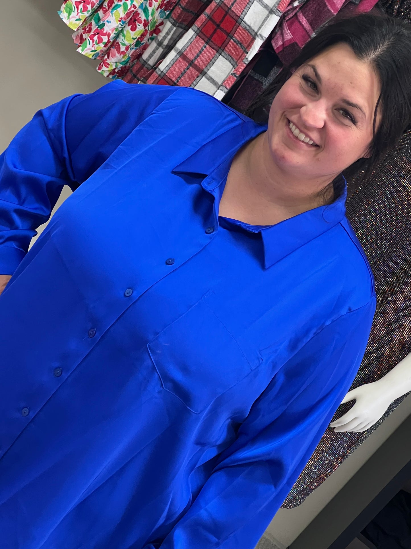 Curvy Skies Are Blue Satin Button Up Long Sleeve Top