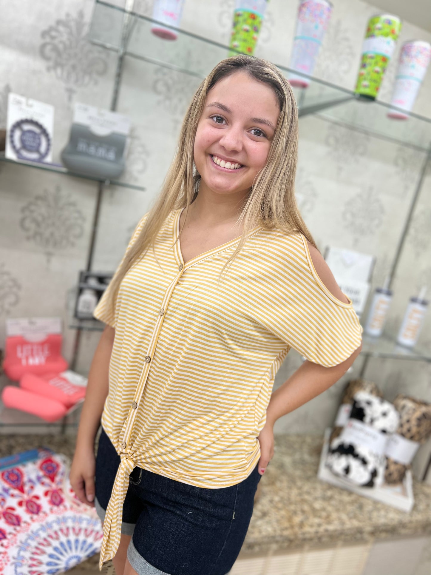Mustard Pin Stripe Jersey Cold Shoulder V Neck Button Down Top