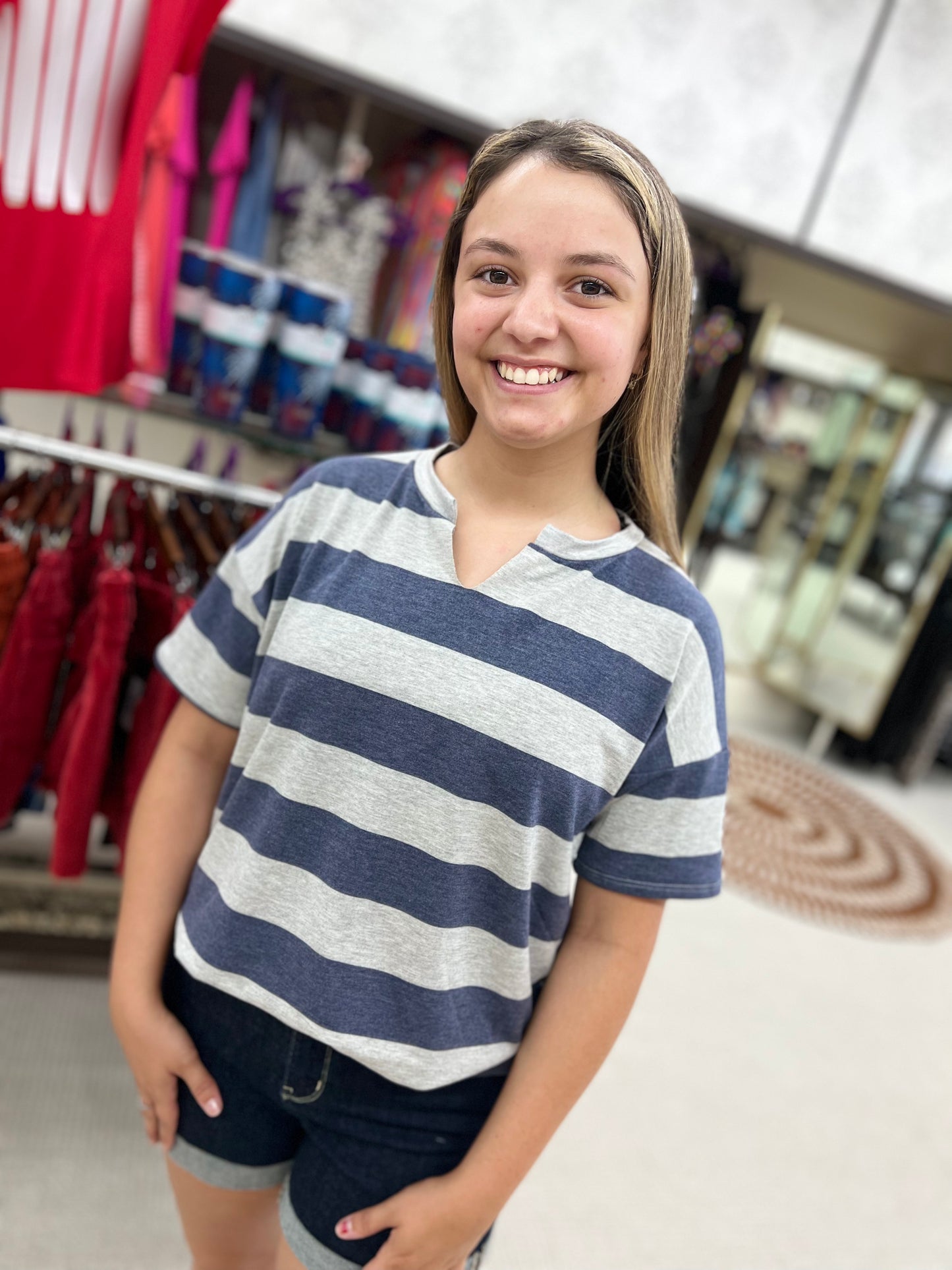 Navy Stripe Short Sleeve V Neck French Terry Top