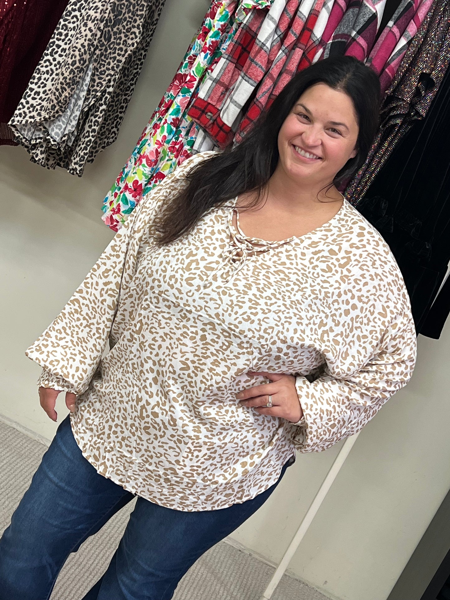 Curvy GiGiO Front Lace Up Loose Knit Top w/ Smocking Sleeve Cuff