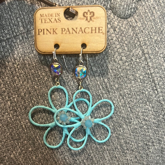 Pink Panache Stone w/ Turquoise Raffia Wrapped Flower Earrings