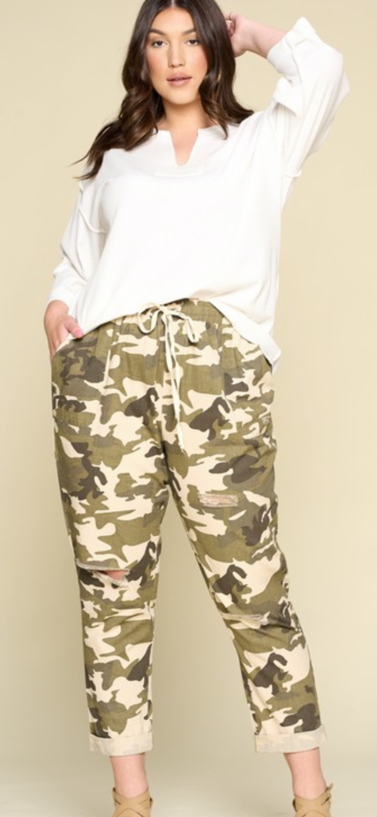 Curvy Oddi Camouflage Printed Distressed Jogger Pants