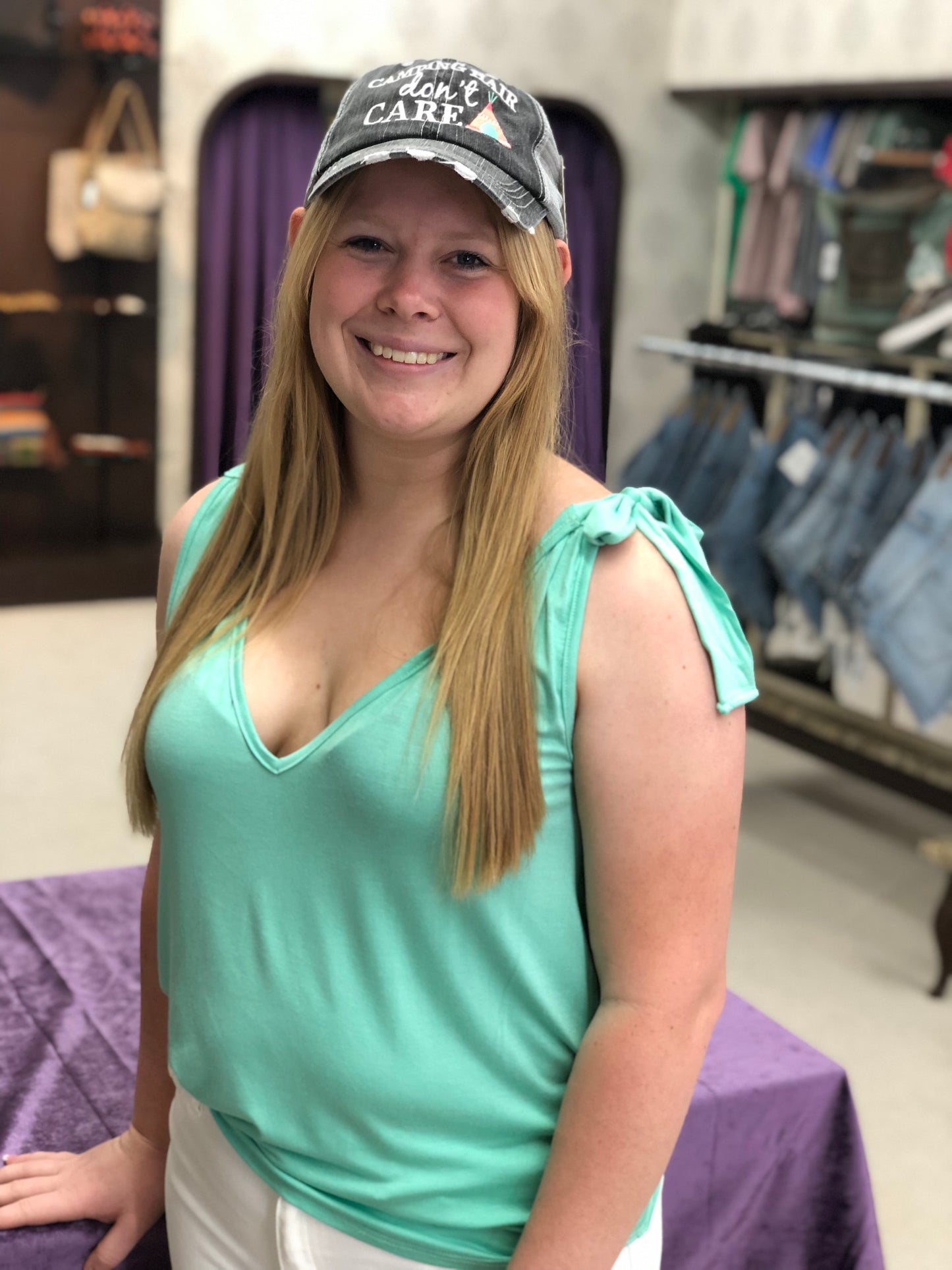 BiBi Sage V Neck w/ Shoulder Ribbon Tied Top