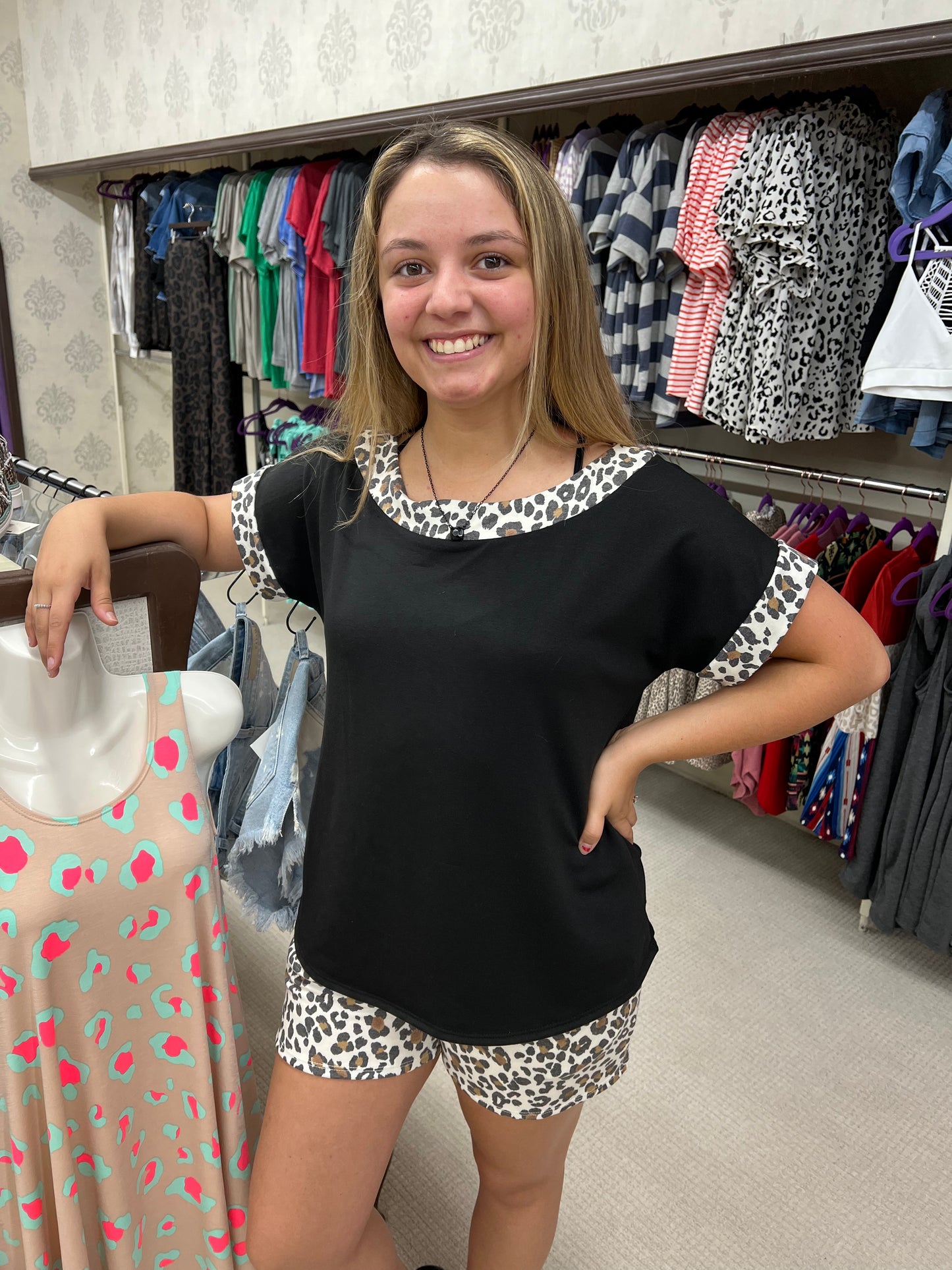 Ladies Black Top w/Leop Accents On/Off Shoulder w/ Leopard Shorts Set