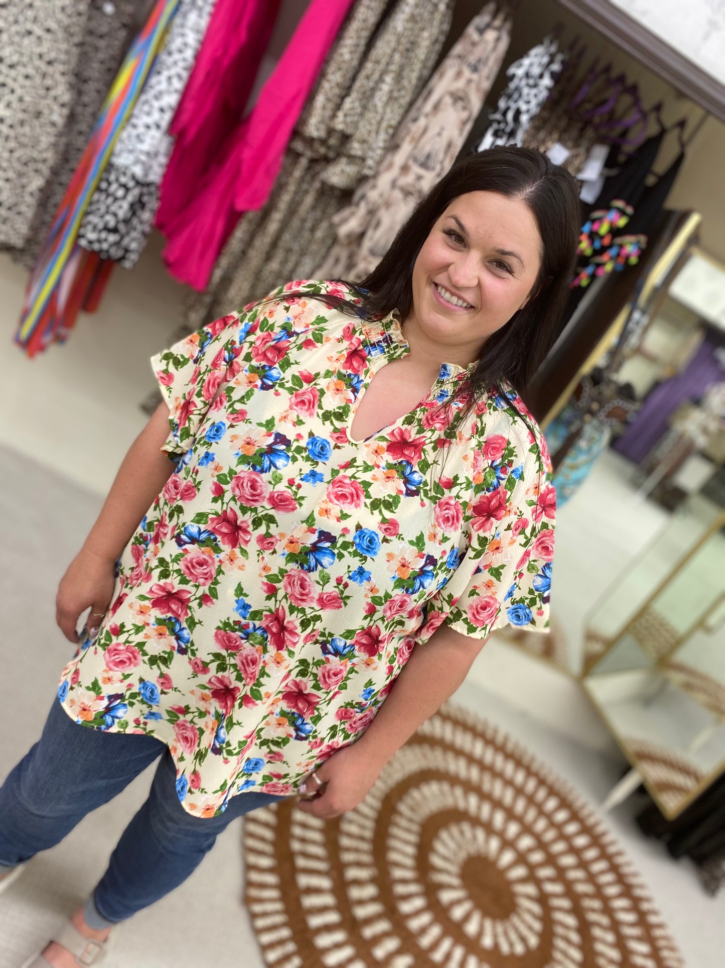 Curvy Cream VNeck Top with Flower Print