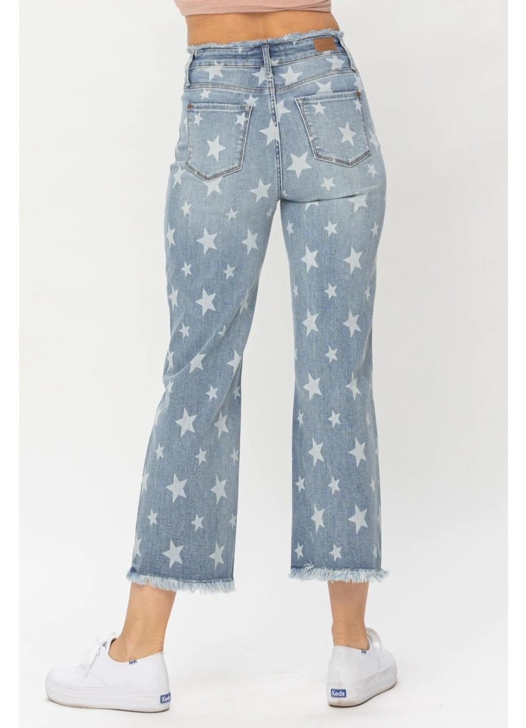 Regular Judy Blue High Waist Star Print Cropped Straight Jean