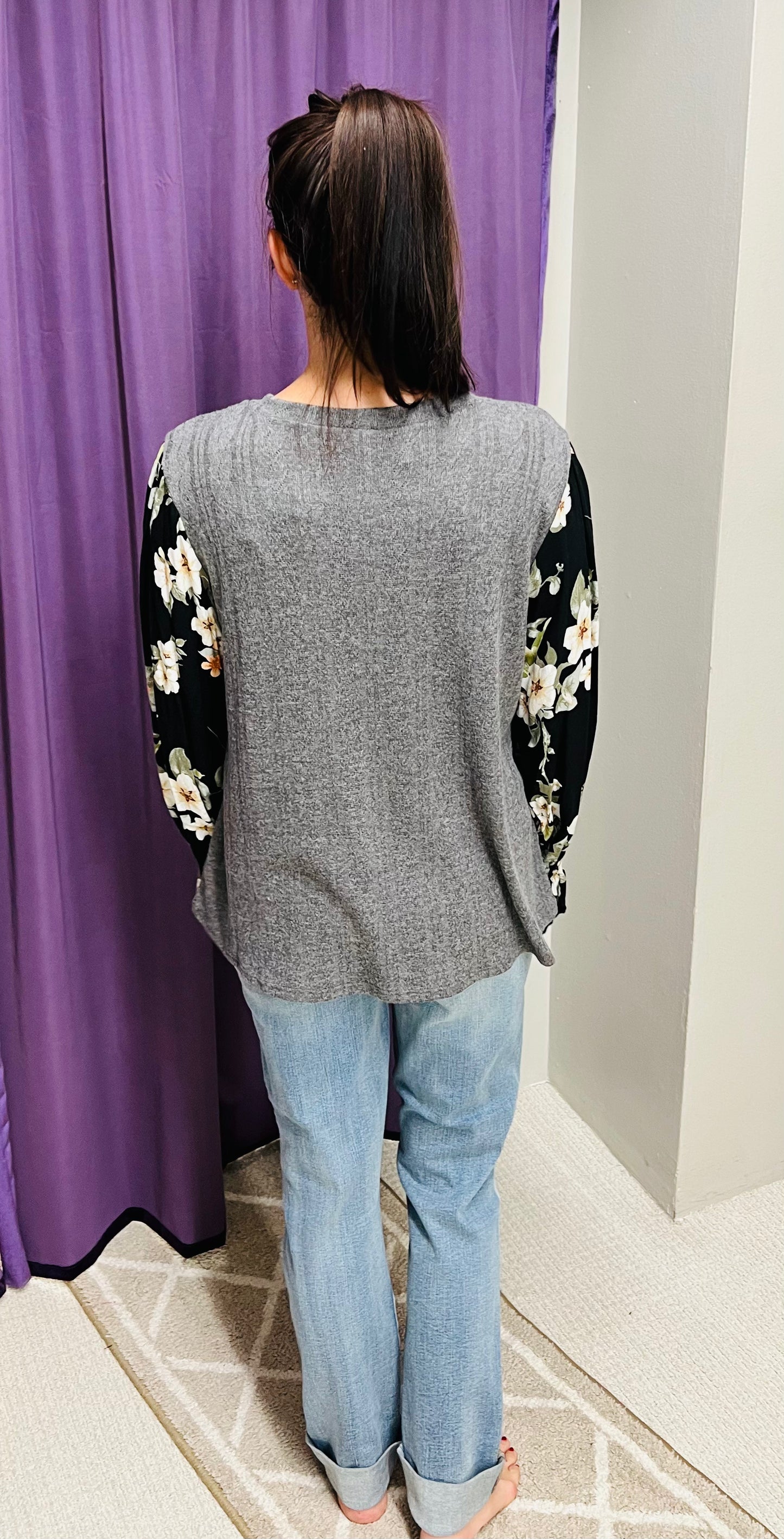 Reg & Curvy Charcoal Sweater w/Floral Sheer Long Sleeves