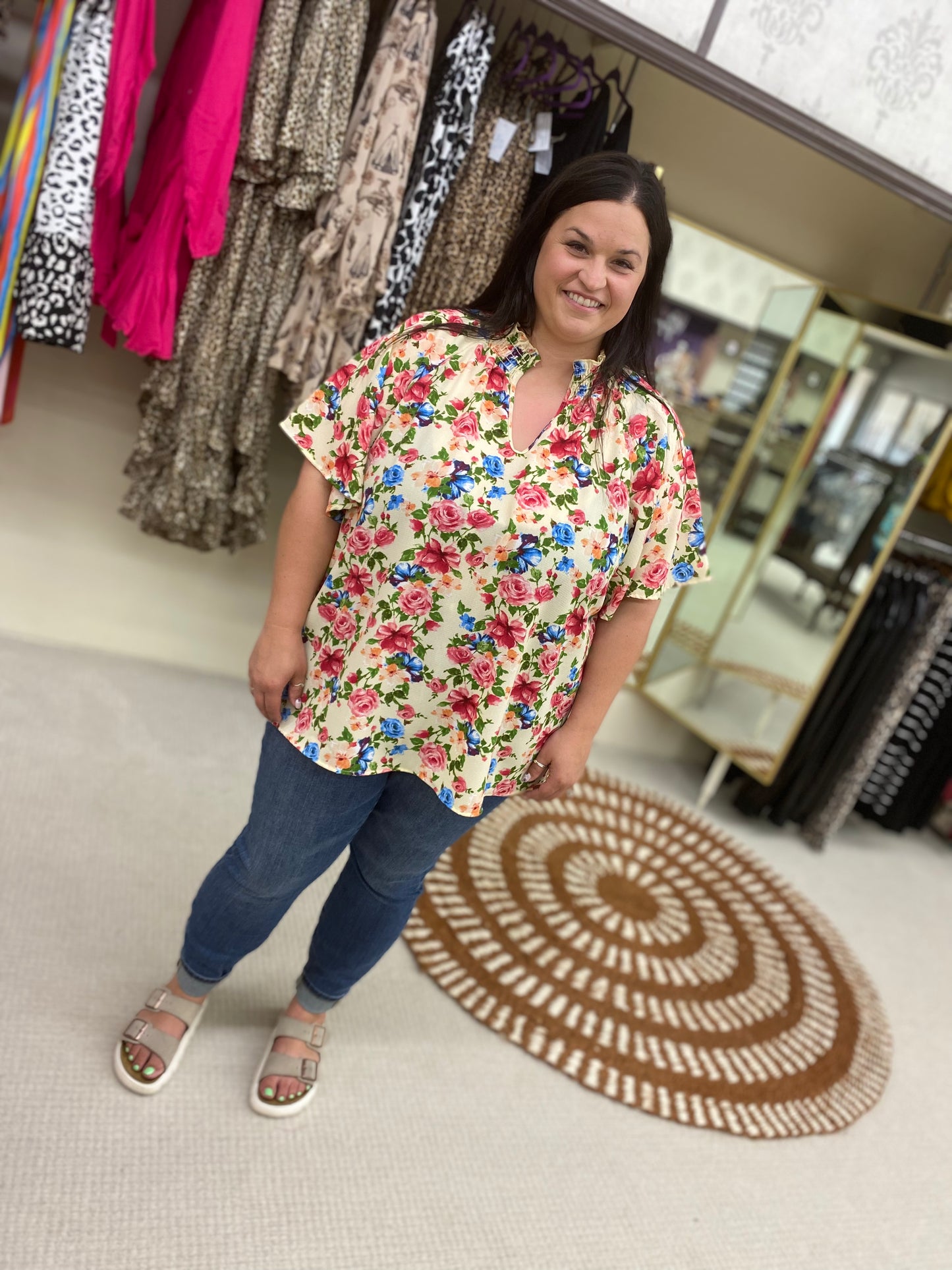Curvy Cream VNeck Top with Flower Print