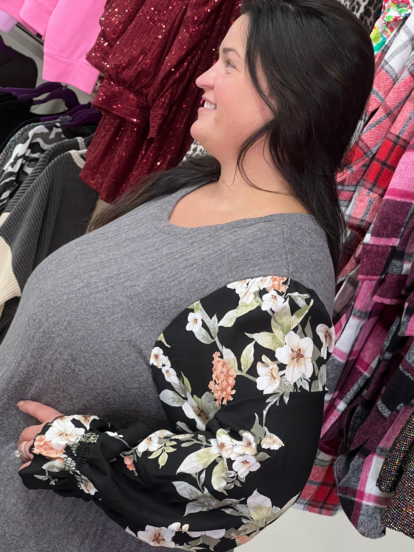 Reg & Curvy Charcoal Sweater w/Floral Sheer Long Sleeves
