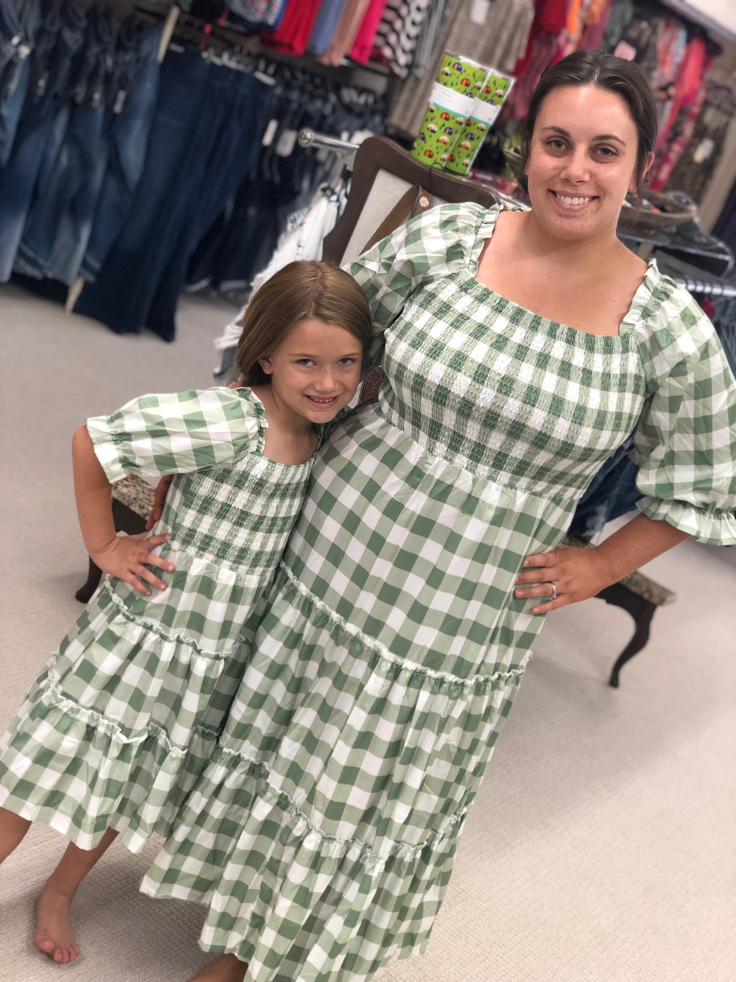 Green Plaid Square Neck Balloon Sleeve Ruffle Mommy & Me Dress