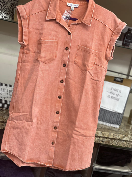 Regular SheSky Peach Button Up Short Sleeve Dress