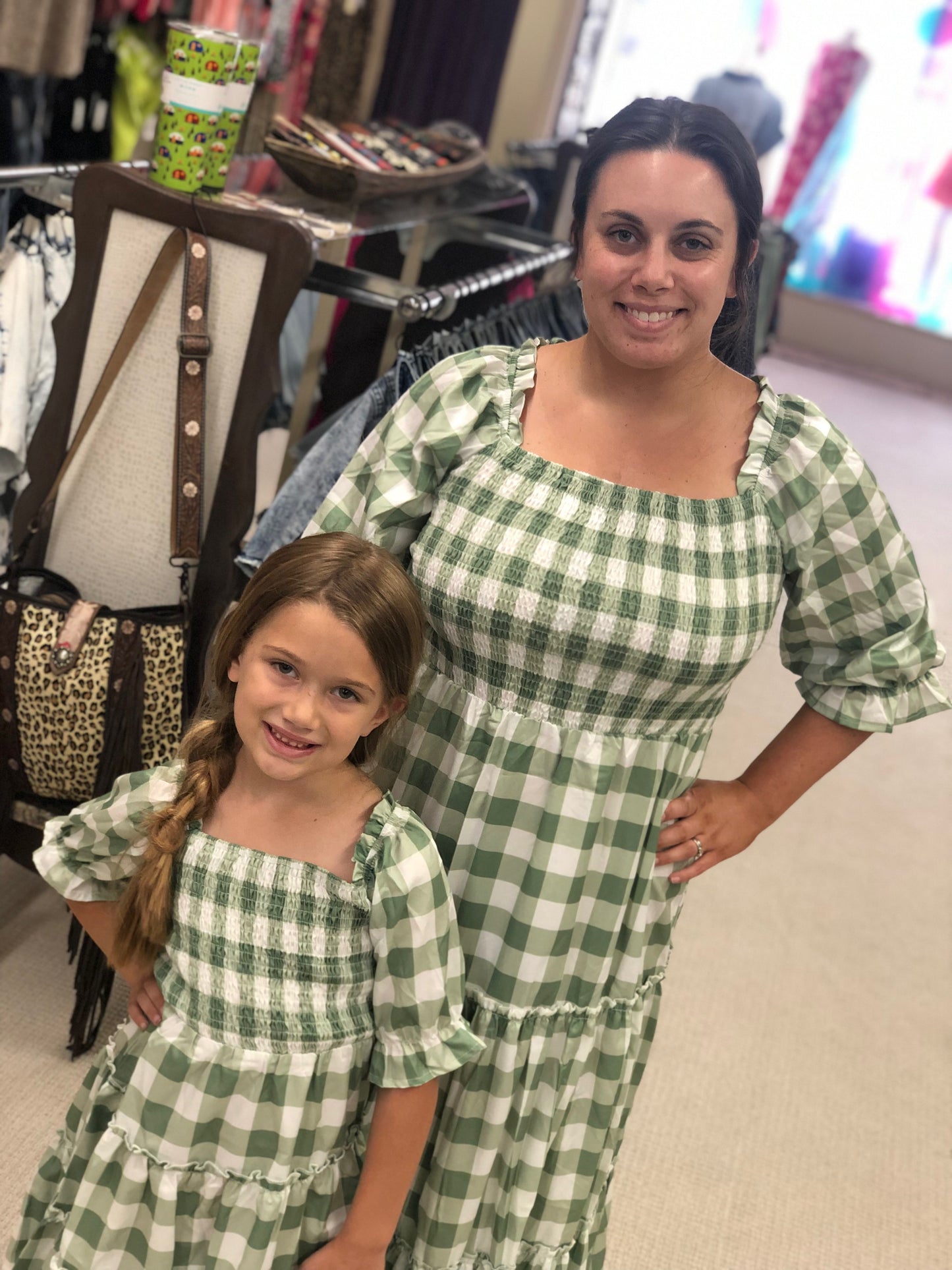 Green Plaid Square Neck Balloon Sleeve Ruffle Mommy & Me Dress