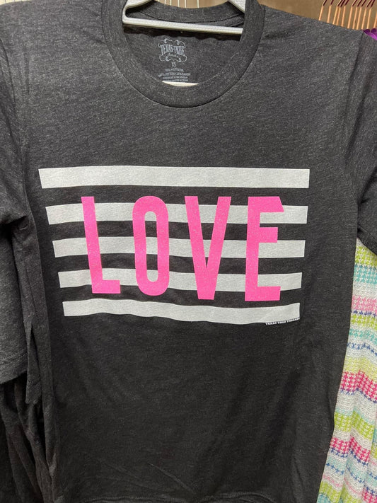 Reg & Curvy Texas True Char/Blk Love In Neon Pink Glitter Tee