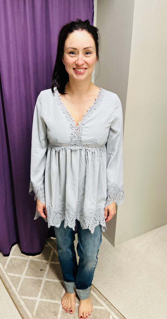 Regular El Kanna Grey Boho Bell Sleeve Blouse w/ crochet details